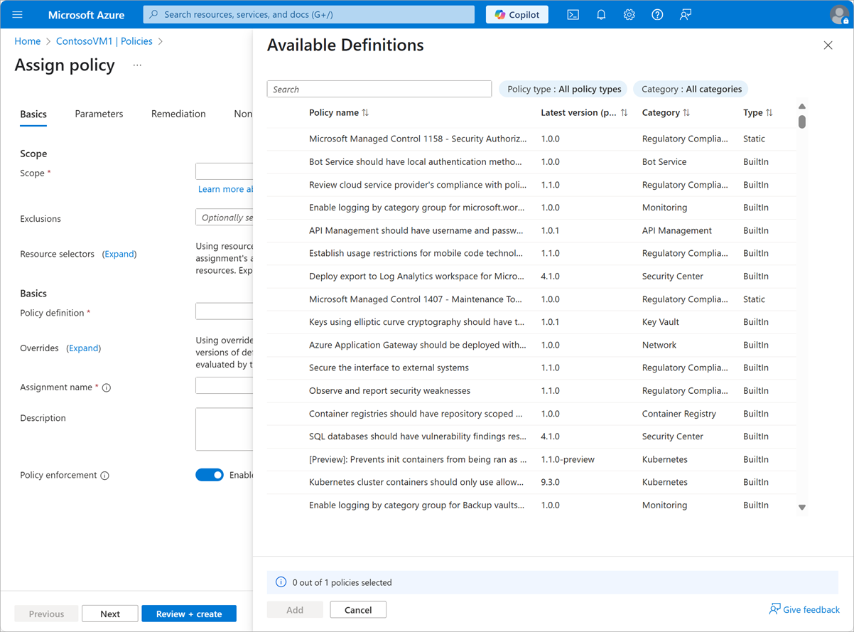 Screenshot that depicts the Assign policy page in the Azure portal. The administrator is selecting from a list of available policies.