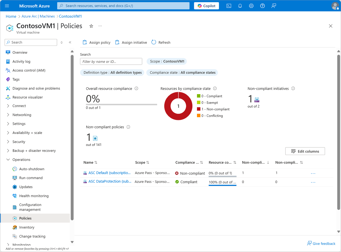 Screenshot that depicts the applied policies on ContosoVM1. Two policies are applied, and the VM is compliant with one but not the other.