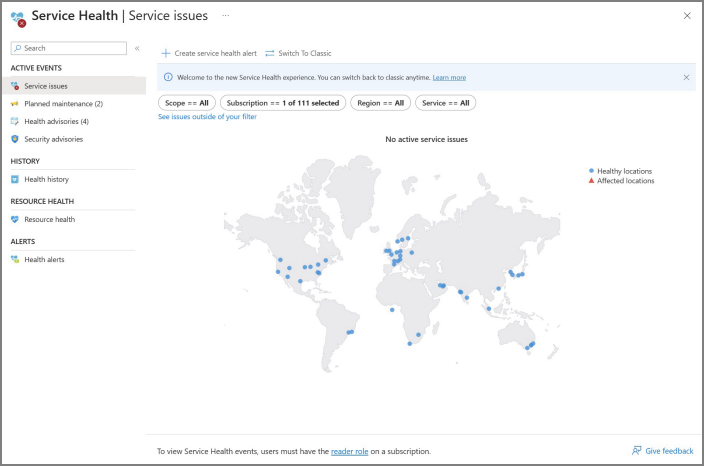 Screenshot of switching Azure Service Health to Classic View.