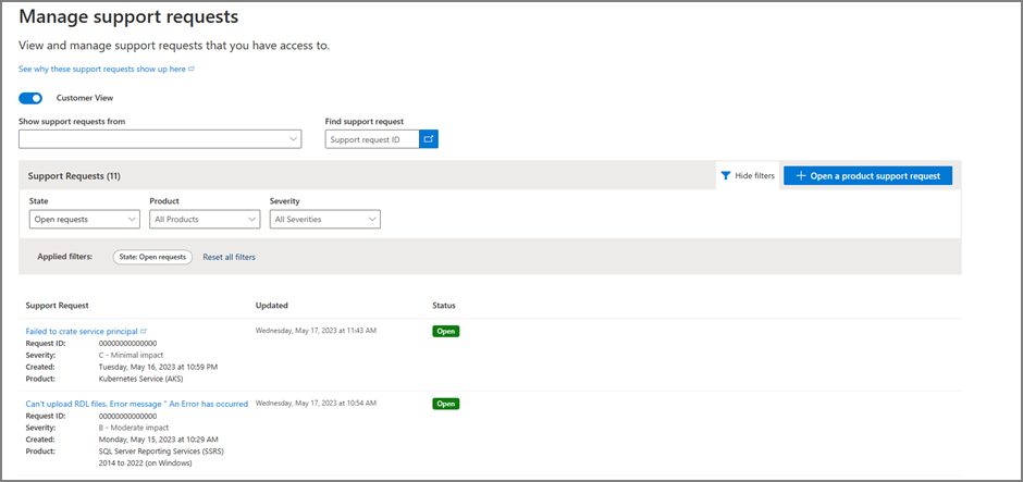 Screenshot of Manage Support Requests by using Services Hub.
