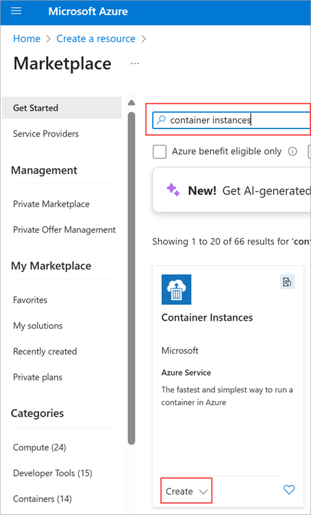 Screenshot showing Container Instances.
