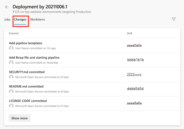 Screenshot of Azure Pipelines that shows the production environment's deployment details, with a list of commits.