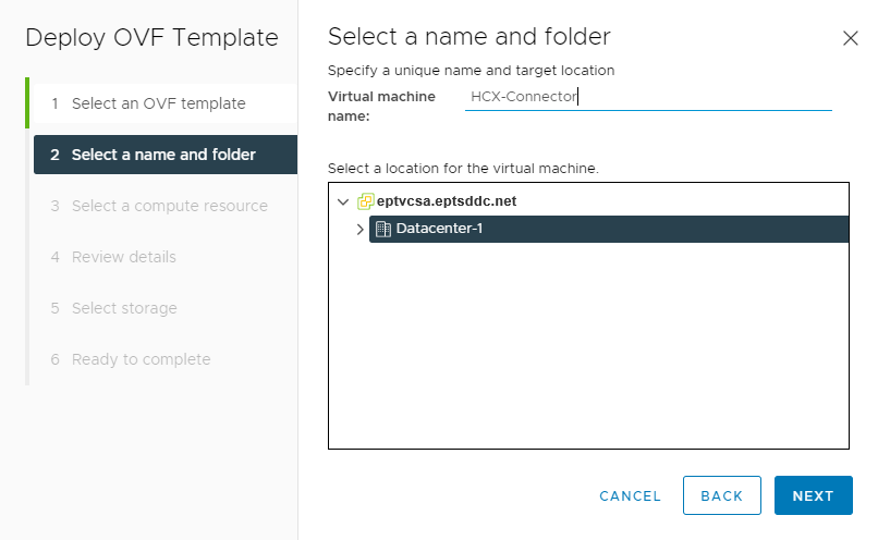 Screenshot of where to name the VMware HCX Connector appliance and where to select the datacenter within vCenter Server on-premises.