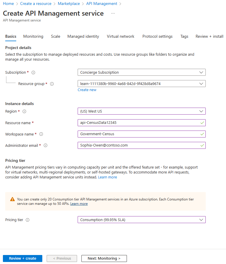 Screenshot of the completed settings on the Basics tab of the 'Create API Management service' screen.