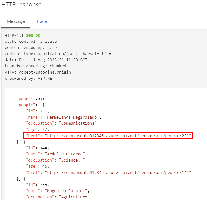 Screenshot of an HTTP response with the href value highlighted, showing that the URL is masked.