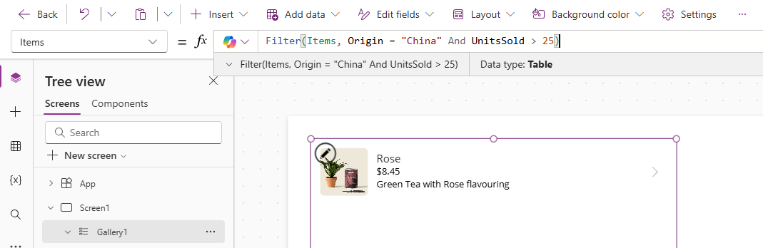 Screenshot showing the item selected in your app.