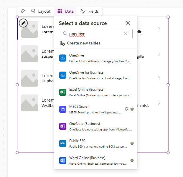 Screenshot of the gallery view adding OneDrive for Business in your app.