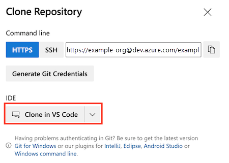 Screenshot of Azure DevOps that shows the repository settings. The button for cloning in Visual Studio Code is highlighted.
