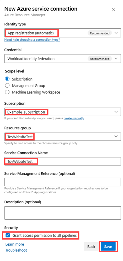 Screenshot that shows the steps for creating a service connection.