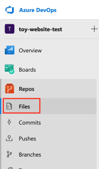 Screenshot of Azure DevOps that shows the Repos menu. Files is highlighted.