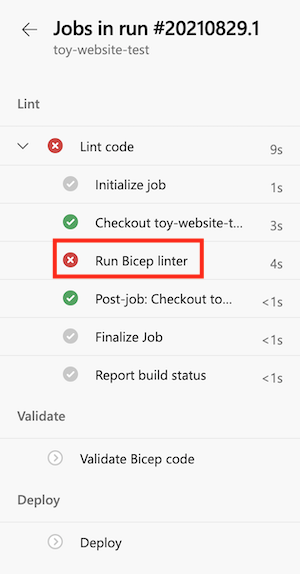 Screenshot of the pipeline log for the Lint stage. The step for running a Bicep linter is highlighted.