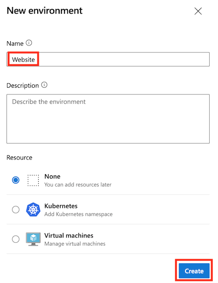 Screenshot of the Azure DevOps page for a new environment. The details are entered and the Create button is highlighted.