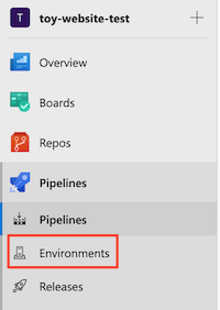Screenshot of the Azure DevOps interface that shows the Environments item on the Pipelines menu.