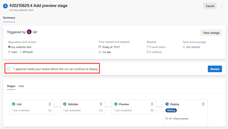 Screenshot of the Azure DevOps interface that shows the pipeline run. The approval requirement is highlighted.