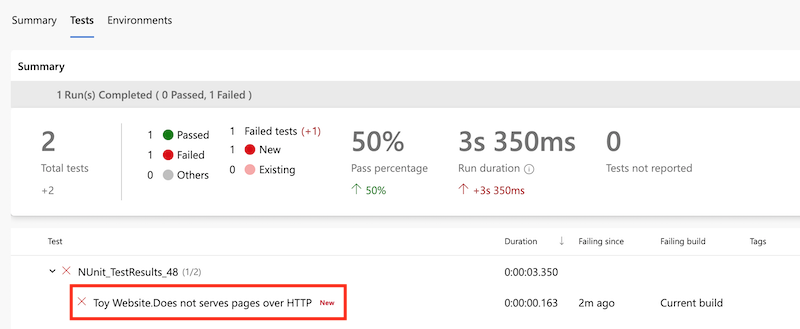 Screenshot of the Azure DevOps interface that shows the pipeline run's test results. The failed test is highlighted.