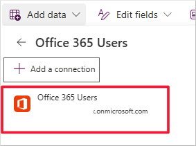 Screenshot of the add data window with Office 365 users selected.