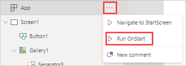 Screenshot of the Run OnStart property with the formula displayed.