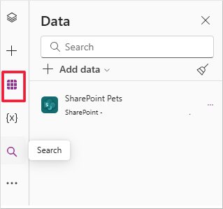 View of side-rail with data selected and showing the SharePoint list just added as a data source.