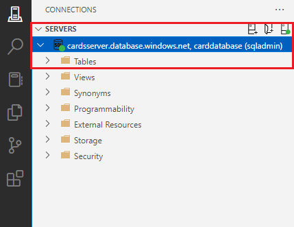 Screenshot of the Visual Studio Code interface showing how to locate the Tables folder in a server connection.