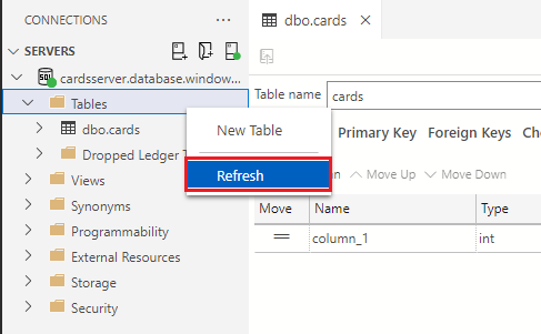 Screenshot of the Table Designer in Visual Studio Code showing how to change the name of the table and publish this table to a database.