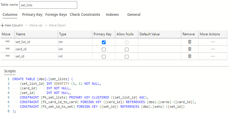 A screenshot of the completed card set list table in Visual Studio Code.