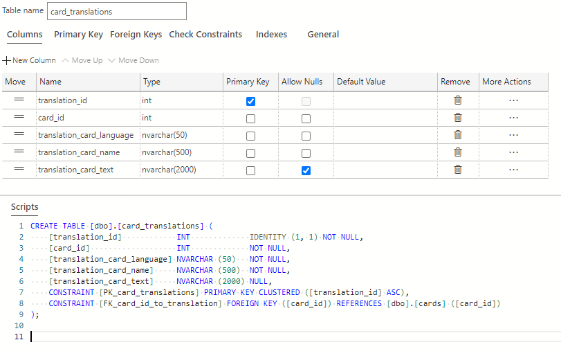 Screenshot of the completed card translations table in Visual Studio Code.