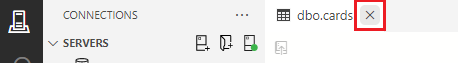 Screenshot showing how to click the X on the table designer tab to close the table designer for the cards table