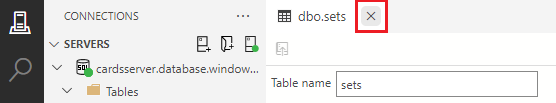 Screenshot showing how to click the X on the table designer tab to close the table designer for the sets table.