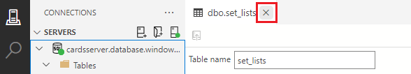 A screenshot showing how to click the X on the table designer tab to close the table designer for the set_lists table.