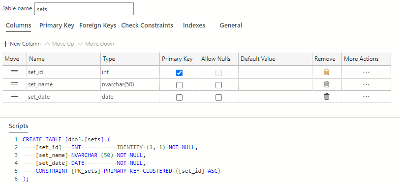 Screenshot of the completed sets table in Visual Studio Code.