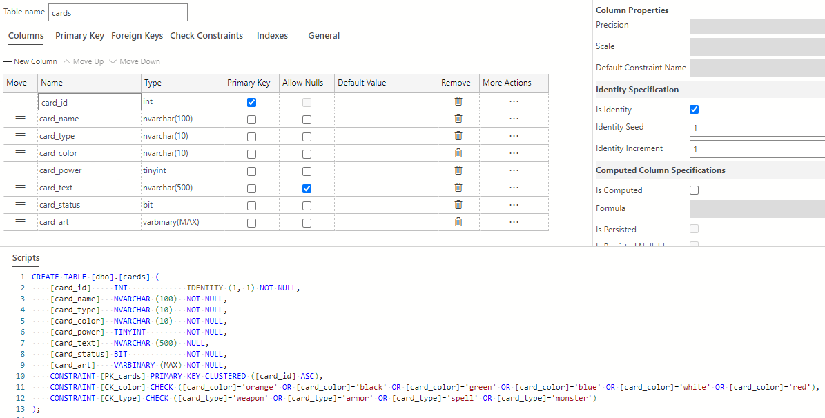 Screenshot of the completed cards table in Visual Studio Code.