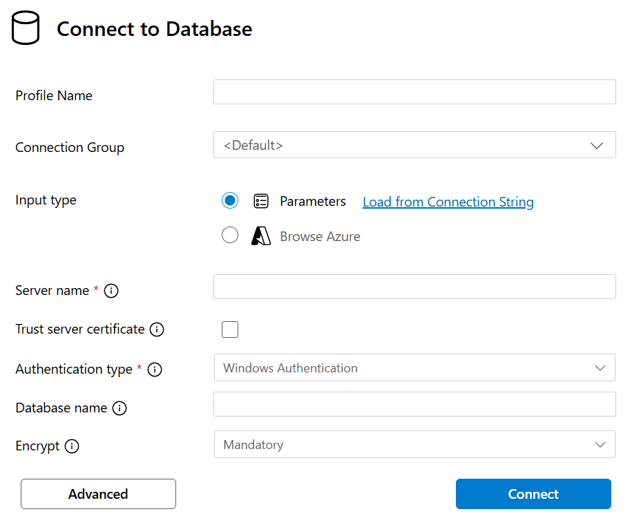 Screenshot of the create database connection blade.