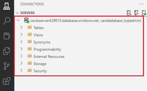 Screenshot of the database's contents in the Visual Studio Code connections pane.