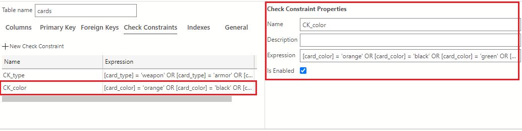 Screenshot of the check constraints view of the Table Designer in Visual Studio Code showing how to add new check constraints to a column.