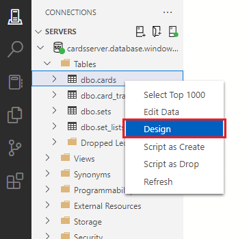 Screenshot showing how to right-click the cards table in the connections navigator and select Design.