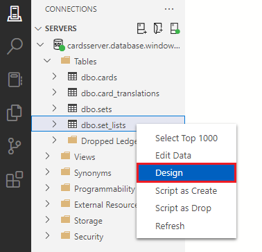Screenshot showing how to right click on the set_lists table and select Design.