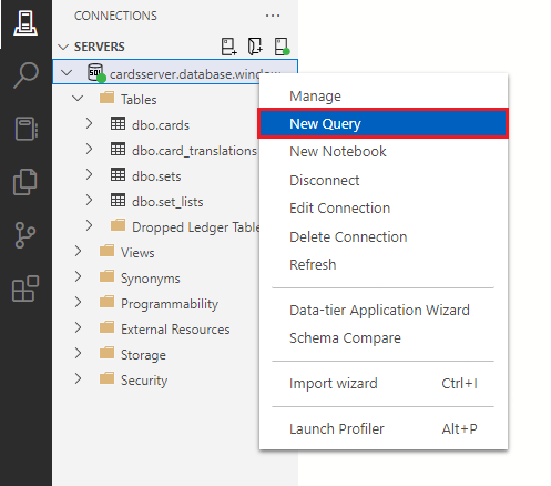 Screenshot showing how to select New Query for a query sheet.