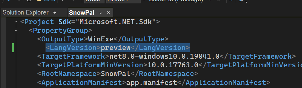 Screenshot of file with added LangVersion element.