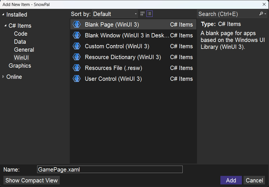 Screenshot of Visual Studios saving the game page.