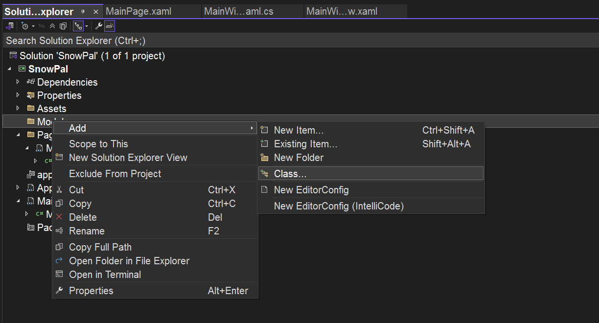 Screenshot of Visual Studio creating a class.