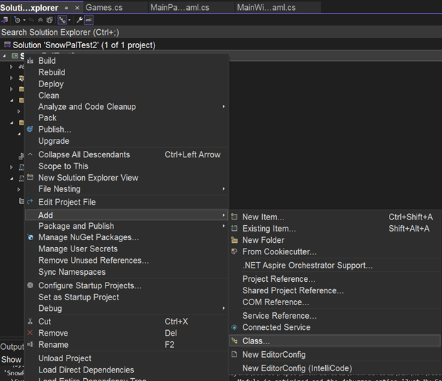 Screenshot of Visual Studio creating a class for a project.