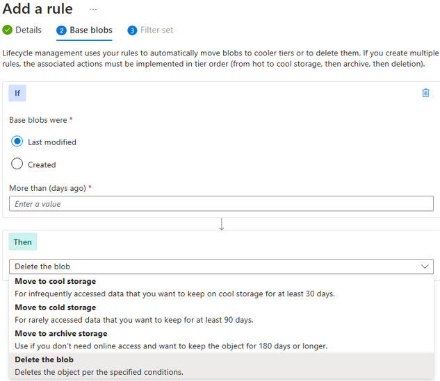 Screenshot that shows how to add a lifecycle management policy rule for blob data in the Azure portal.