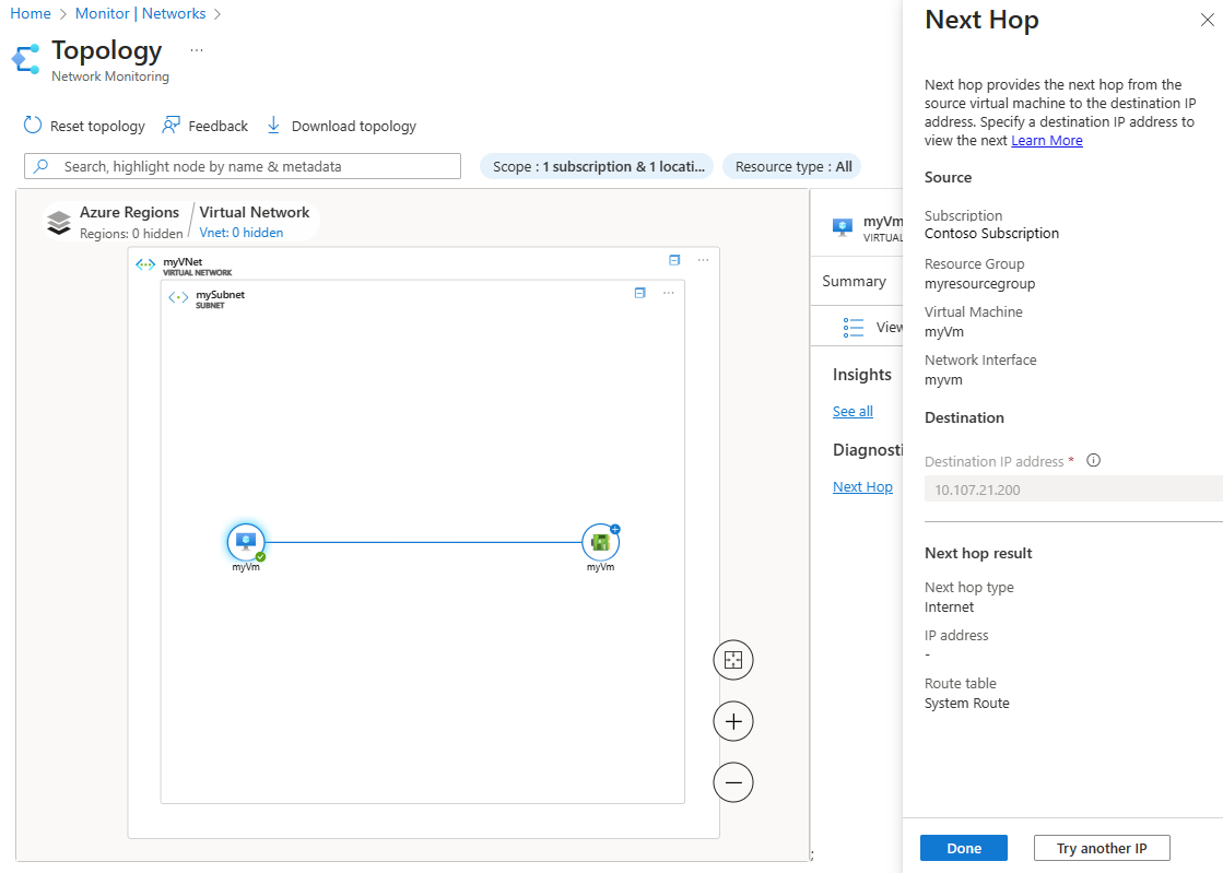 Screenshot of the Next hop details in Topology, showing the Next hop type and route table used to route traffic from the VM.