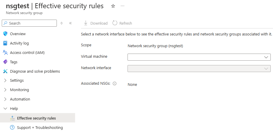 Screenshot of the Networking page in the Azure portal showing the Effective security rules link highlighted.