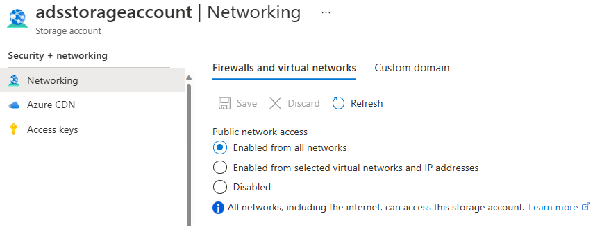 Screenshot of the Storage Account Firewalls and virtual networks settings in the Azure portal.