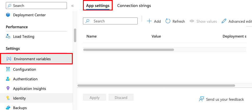 Screenshot of Navigating to Environment variables > Application settings.