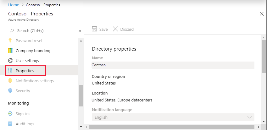 Screenshot of select Properties for Microsoft Entra properties.