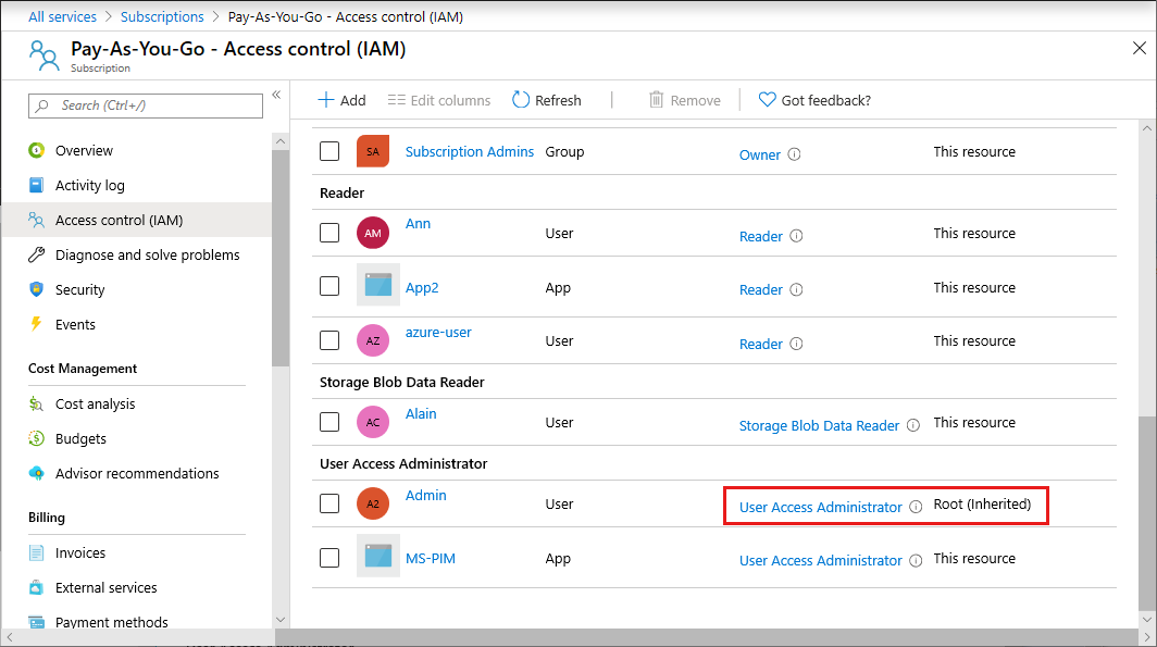 Screenshot of subscription role assignments with root scope.