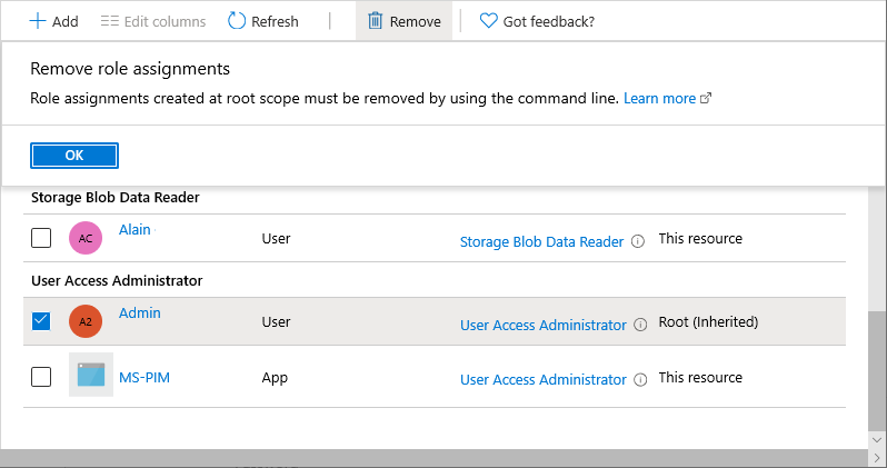 Screenshot of remove role assignments with root scope.