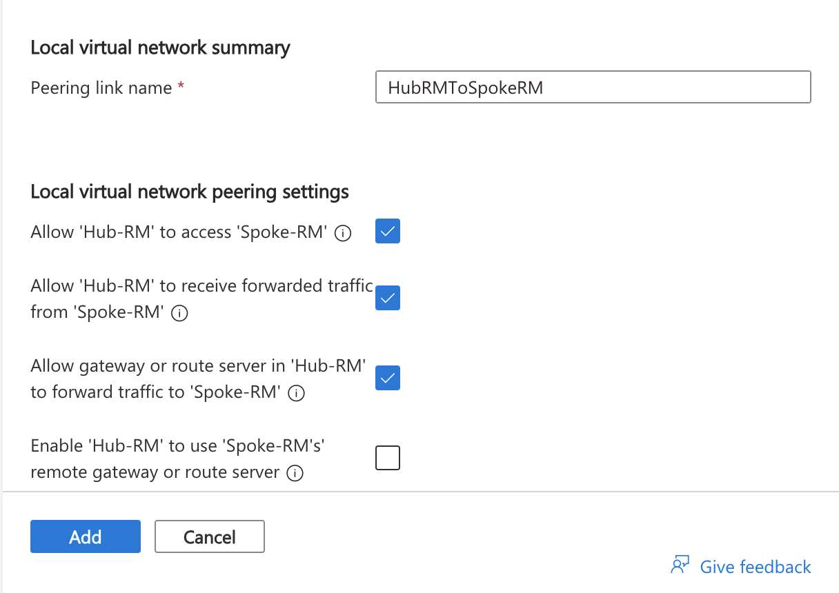 Screenshot of virtual network peering configuration page.